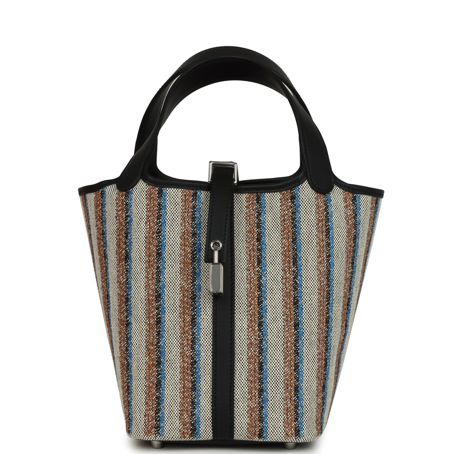 Stripe Picotin Lock 18 Black Swift and Ecru, Bleu, Black and Fauve Toile H Canvas Palladium Hardware  Bag