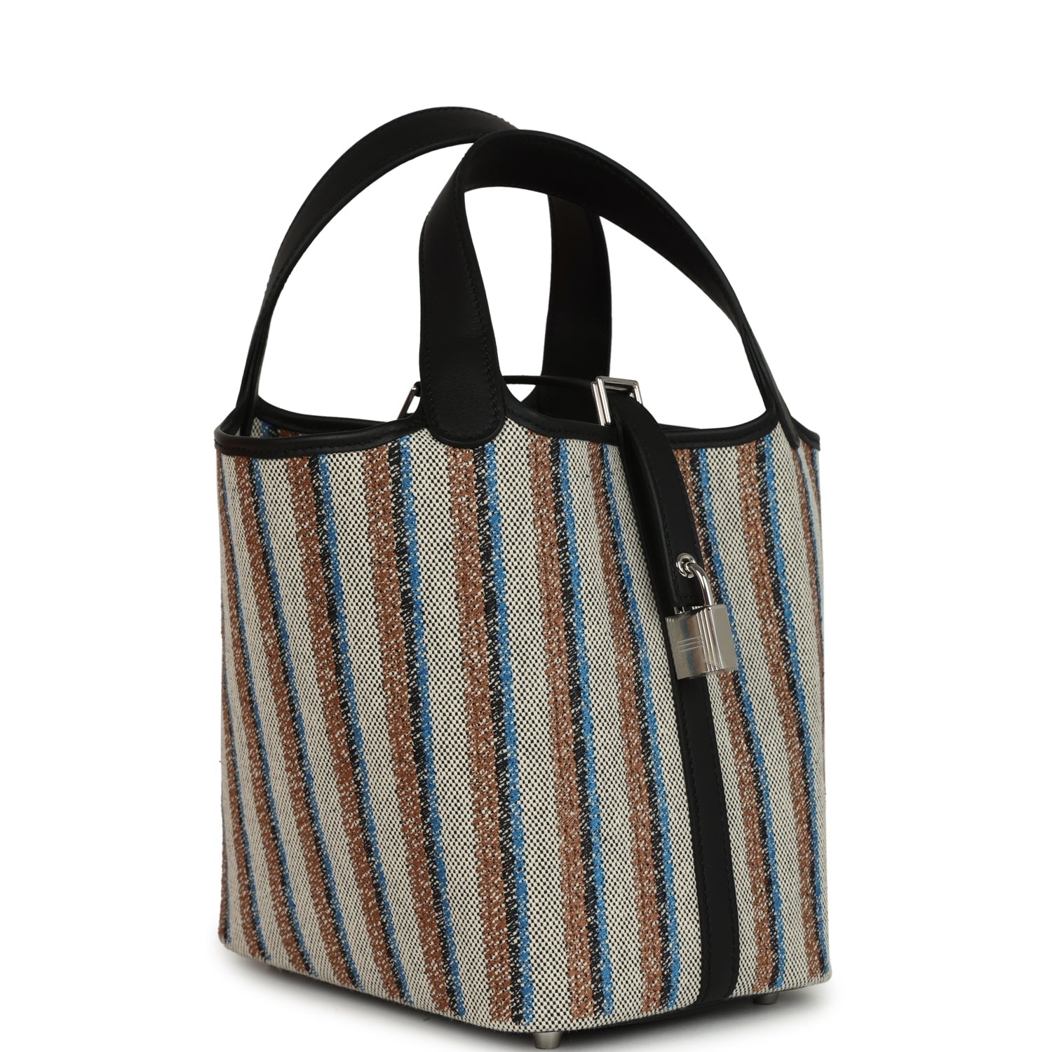 Stripe Picotin Lock 18 Black Swift and Ecru, Bleu, Black and Fauve Toile H Canvas Palladium Hardware  Bag