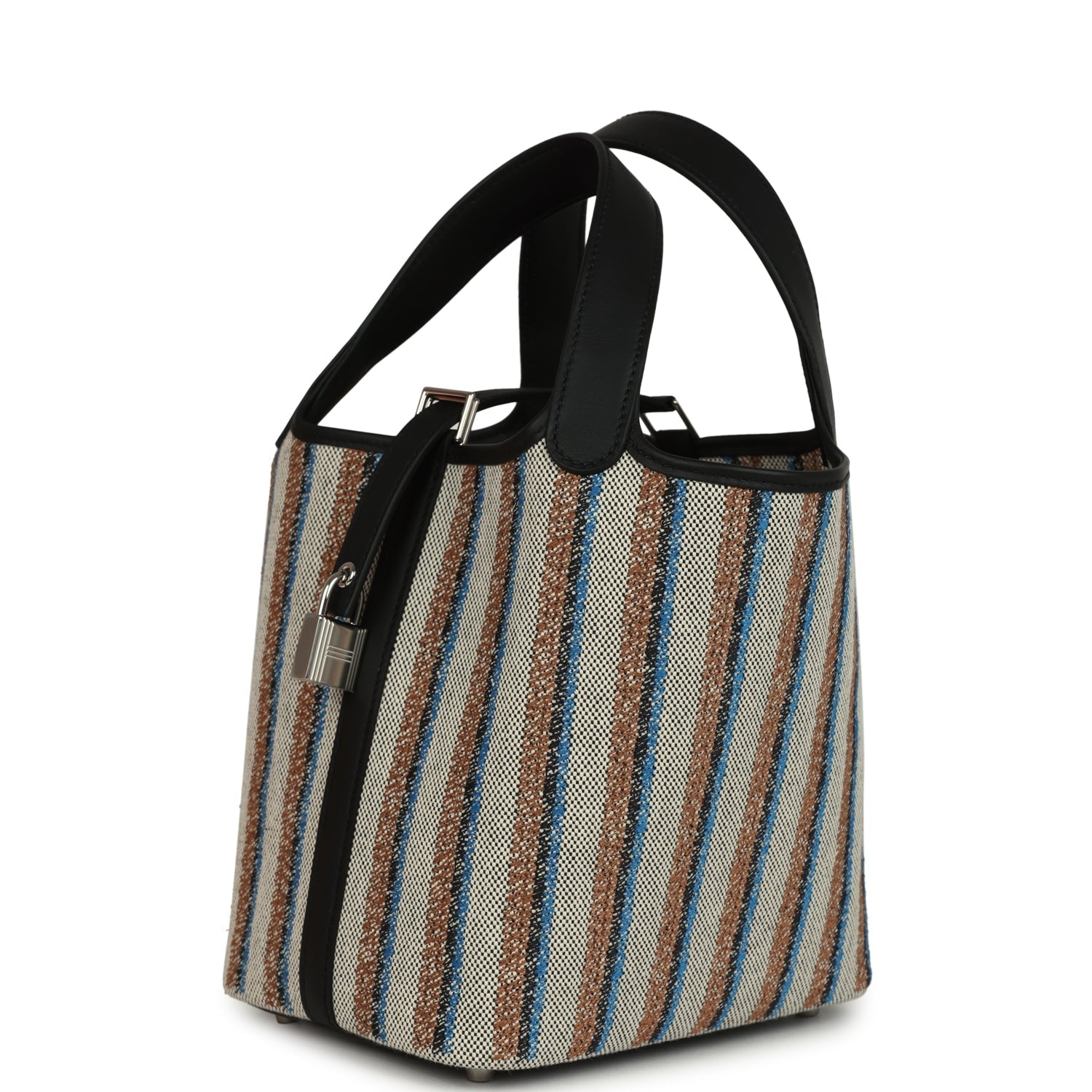 Stripe Picotin Lock 18 Black Swift and Ecru, Bleu, Black and Fauve Toile H Canvas Palladium Hardware  Bag