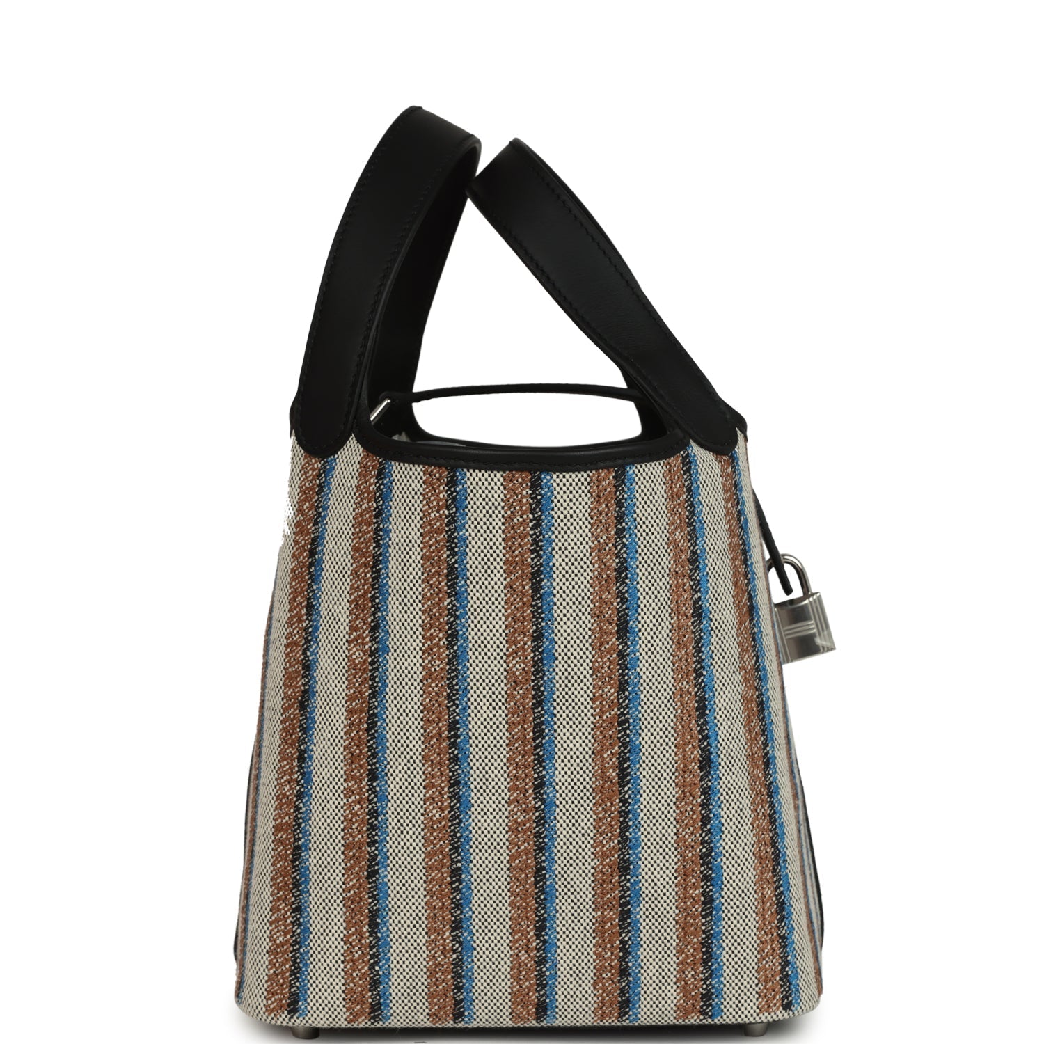 Stripe Picotin Lock 18 Black Swift and Ecru, Bleu, Black and Fauve Toile H Canvas Palladium Hardware  Bag