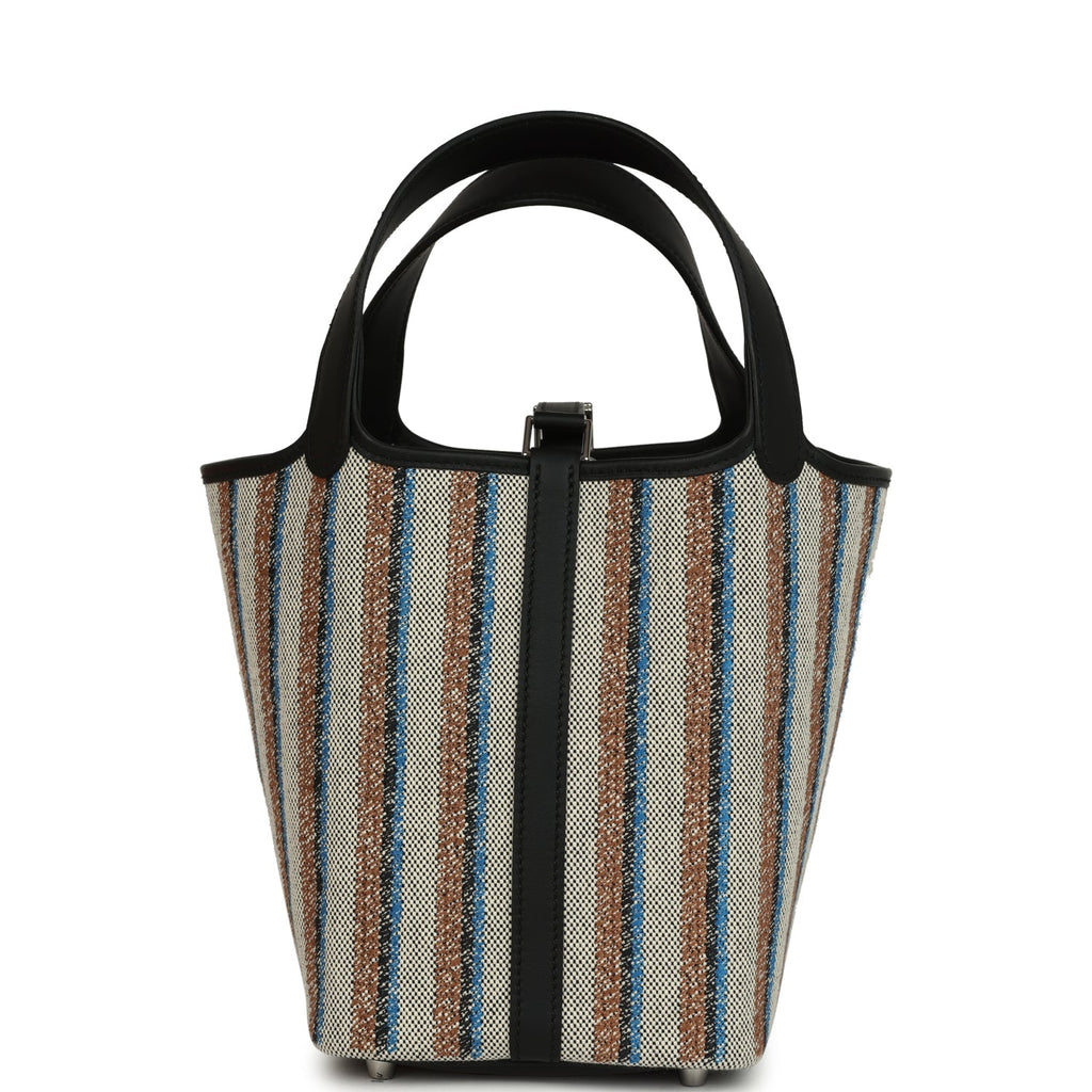 Stripe Picotin Lock 18 Black Swift and Ecru, Bleu, Black and Fauve Toile H Canvas Palladium Hardware  Bag