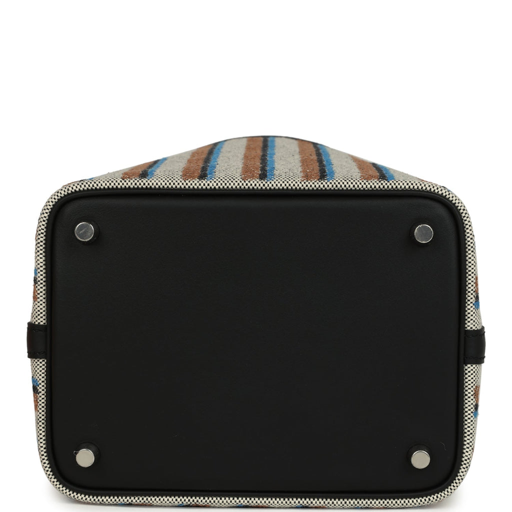 Stripe Picotin Lock 18 Black Swift and Ecru, Bleu, Black and Fauve Toile H Canvas Palladium Hardware  Bag