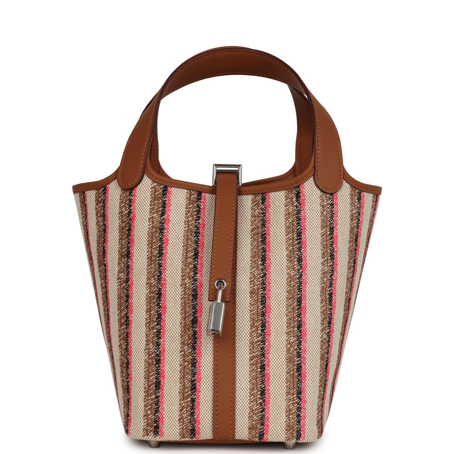 Stripe Picotin Lock 18 Gold Swift and Ecru-Beige, Rose Pop, Black and Fauve Toile H Canvas Palladium Hardware Bag