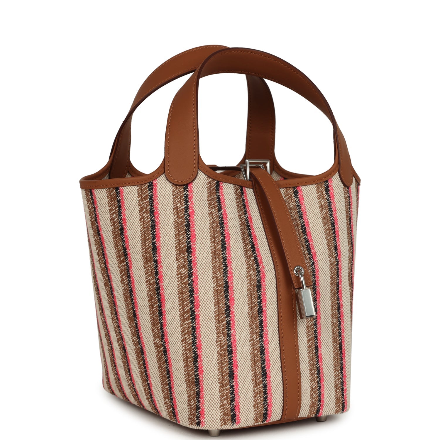 Stripe Picotin Lock 18 Gold Swift and Ecru-Beige, Rose Pop, Black and Fauve Toile H Canvas Palladium Hardware Bag