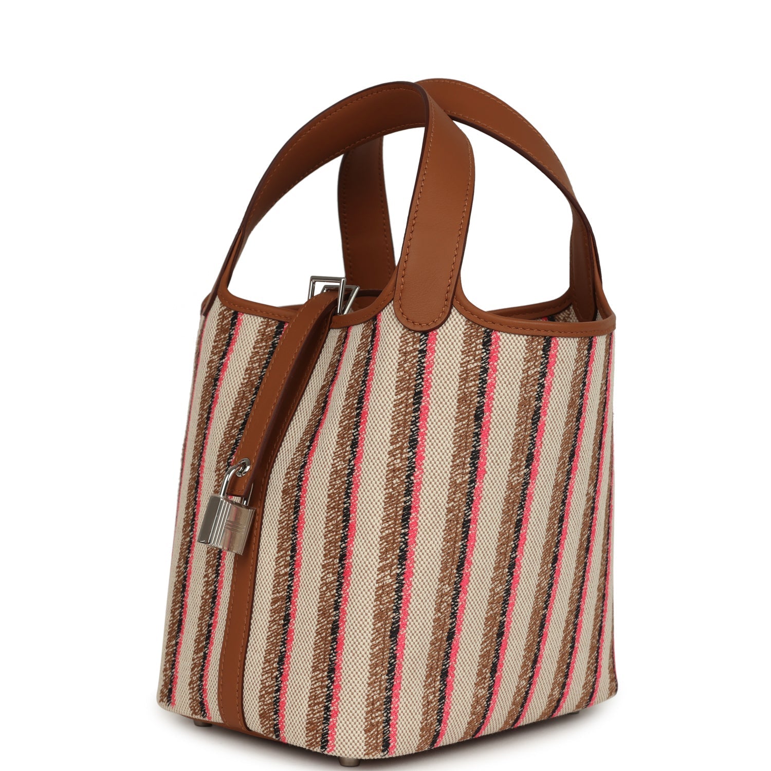Stripe Picotin Lock 18 Gold Swift and Ecru-Beige, Rose Pop, Black and Fauve Toile H Canvas Palladium Hardware Bag
