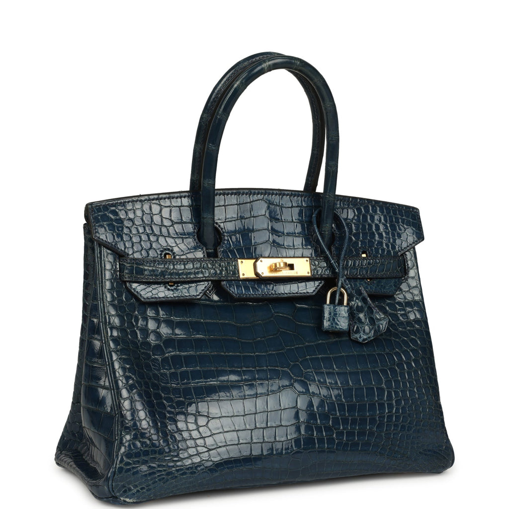 Vintage Birkin 30 Bleu Roi Shiny Porosus Crocodile Gold Hardware Bag