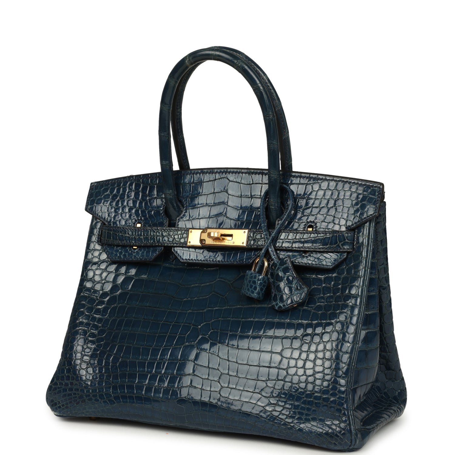 Vintage Birkin 30 Bleu Roi Shiny Porosus Crocodile Gold Hardware Bag