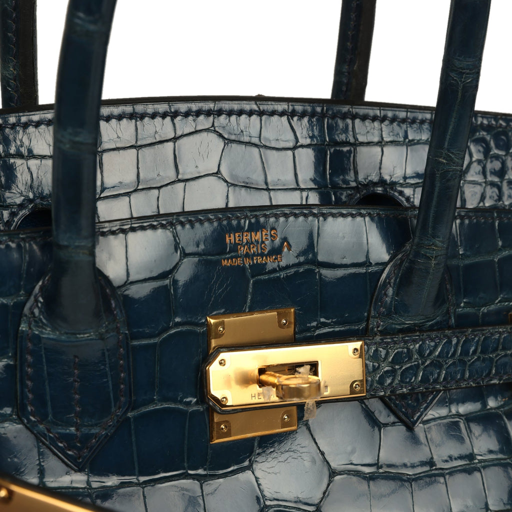 Vintage Birkin 30 Bleu Roi Shiny Porosus Crocodile Gold Hardware Bag
