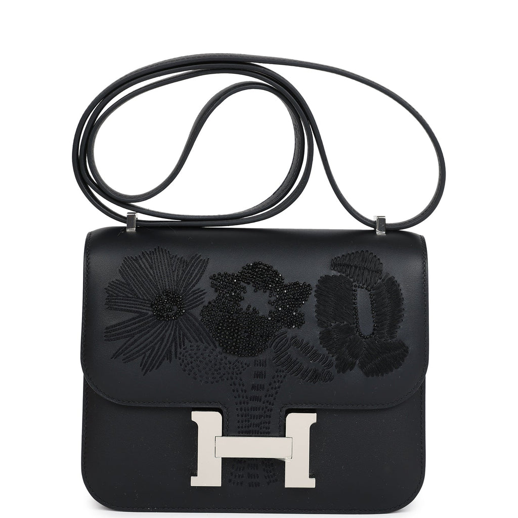 Constance 18 Dancing Flowers Black Embroidered Swift Palladium Hardware Bag