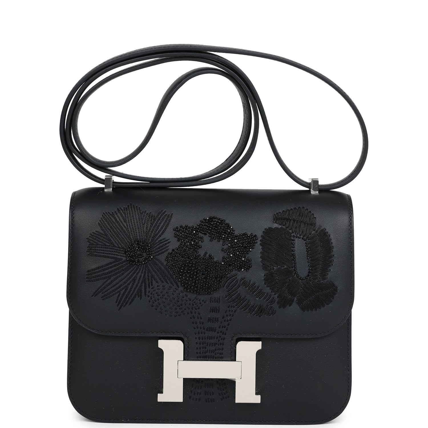 Constance 18 Dancing Flowers Black Embroidered Swift Palladium Hardware Bag