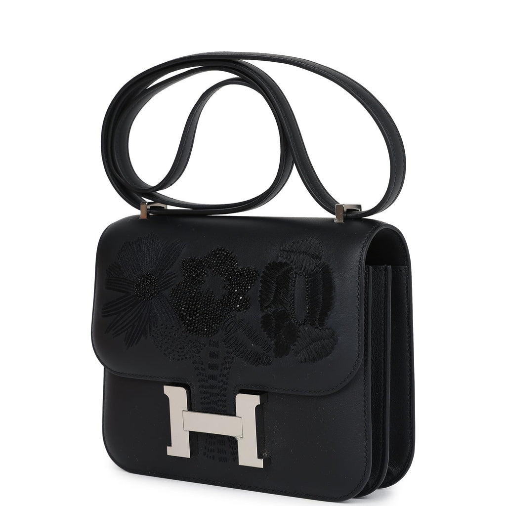 Constance 18 Dancing Flowers Black Embroidered Swift Palladium Hardware Bag