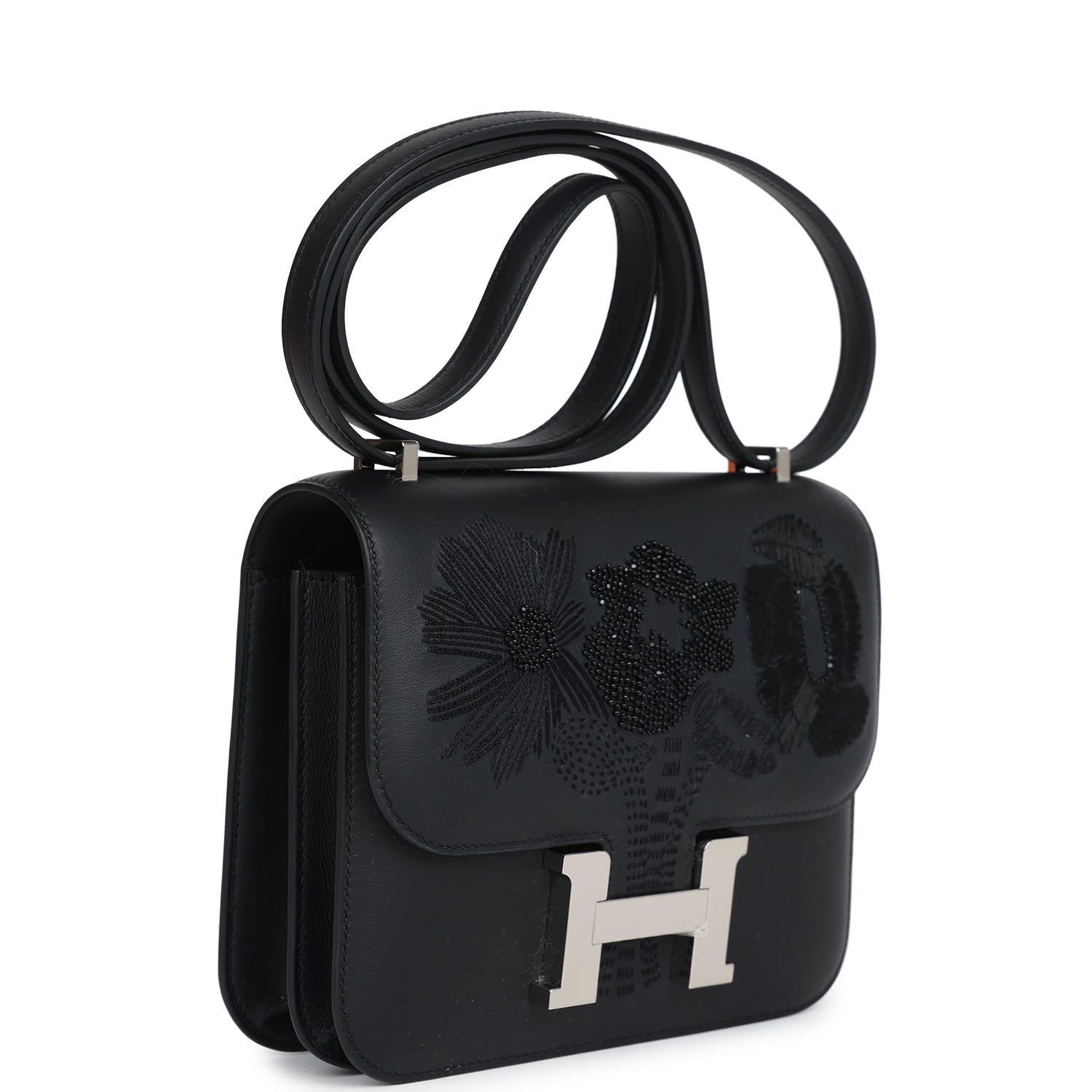 Constance 18 Dancing Flowers Black Embroidered Swift Palladium Hardware Bag