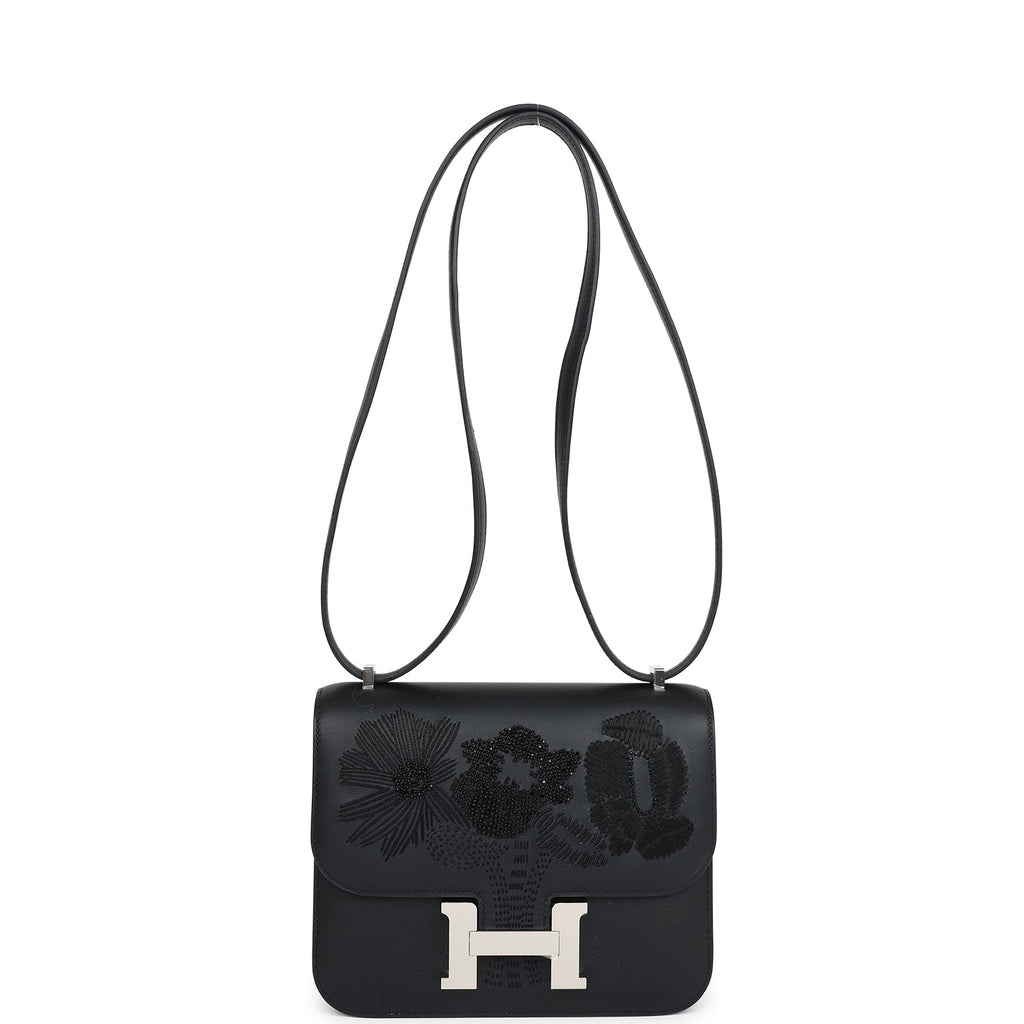 Constance 18 Dancing Flowers Black Embroidered Swift Palladium Hardware Bag