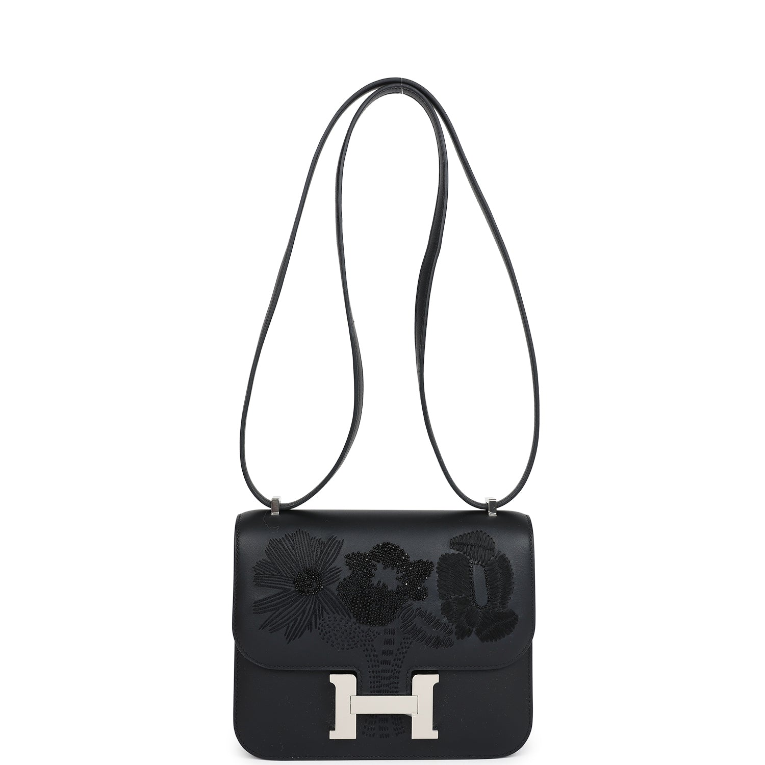 Constance 18 Dancing Flowers Black Embroidered Swift Palladium Hardware Bag