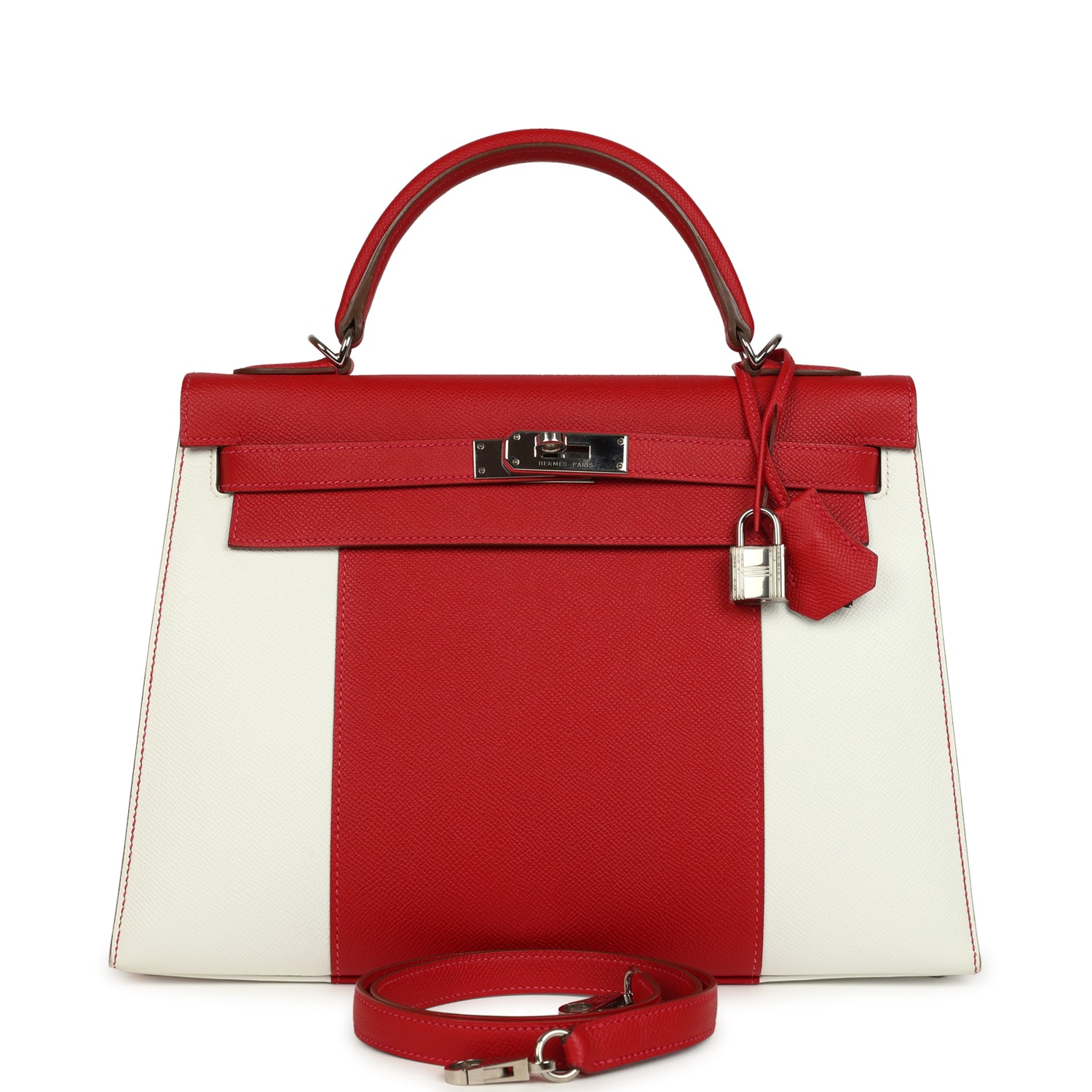 Flag Kelly Sellier 32 Rouge Casaque and White Epsom Palladium Hardware Bag