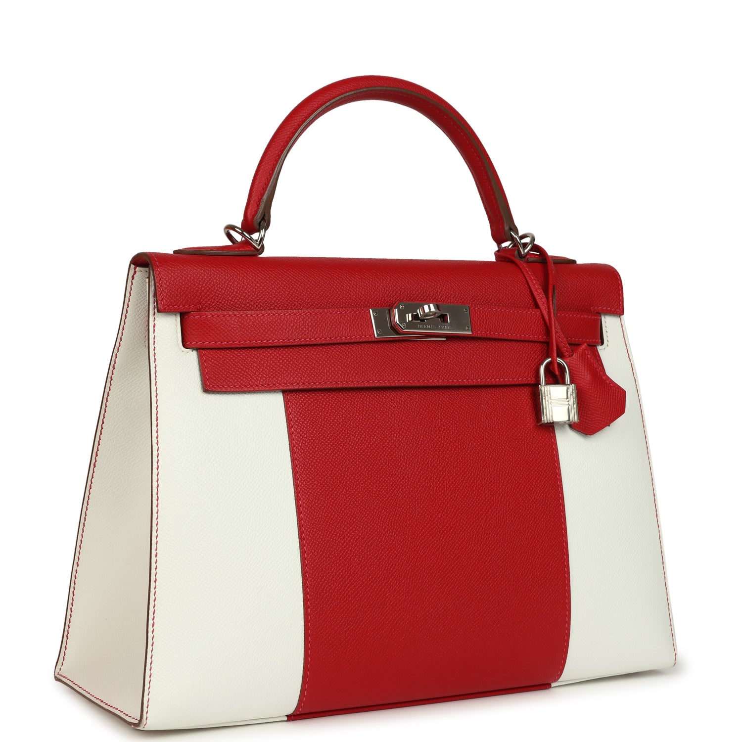 Flag Kelly Sellier 32 Rouge Casaque and White Epsom Palladium Hardware Bag