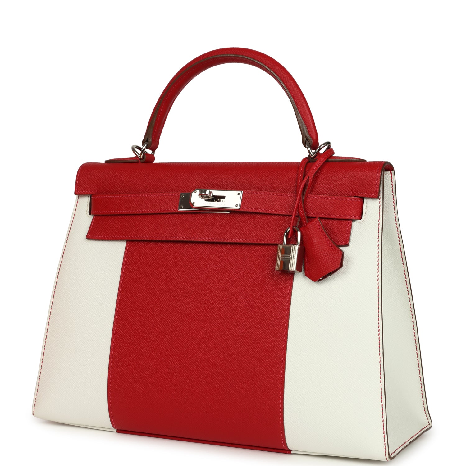 Flag Kelly Sellier 32 Rouge Casaque and White Epsom Palladium Hardware Bag