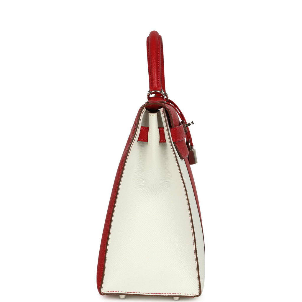 Flag Kelly Sellier 32 Rouge Casaque and White Epsom Palladium Hardware Bag