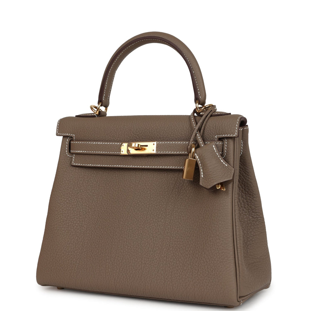 Kelly Retourne 25 Etoupe Togo Gold Hardware Bag