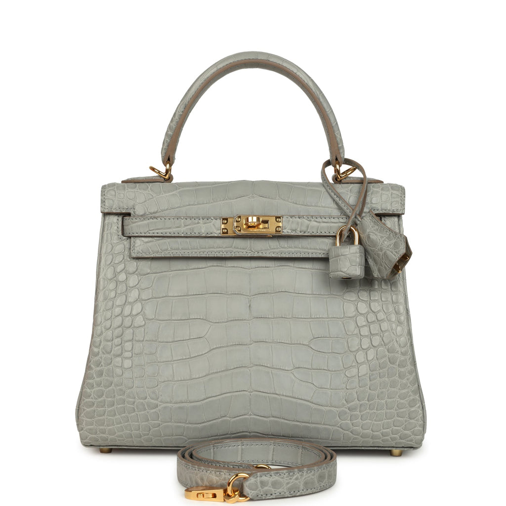 Kelly Retourne 25 Gris Perle Matte Alligator Gold Hardware Bag