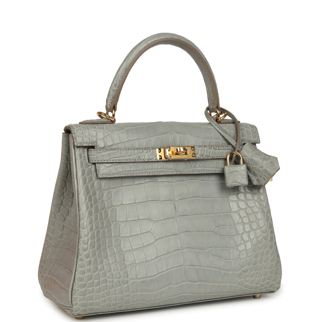 Kelly Retourne 25 Gris Perle Matte Alligator Gold Hardware Bag