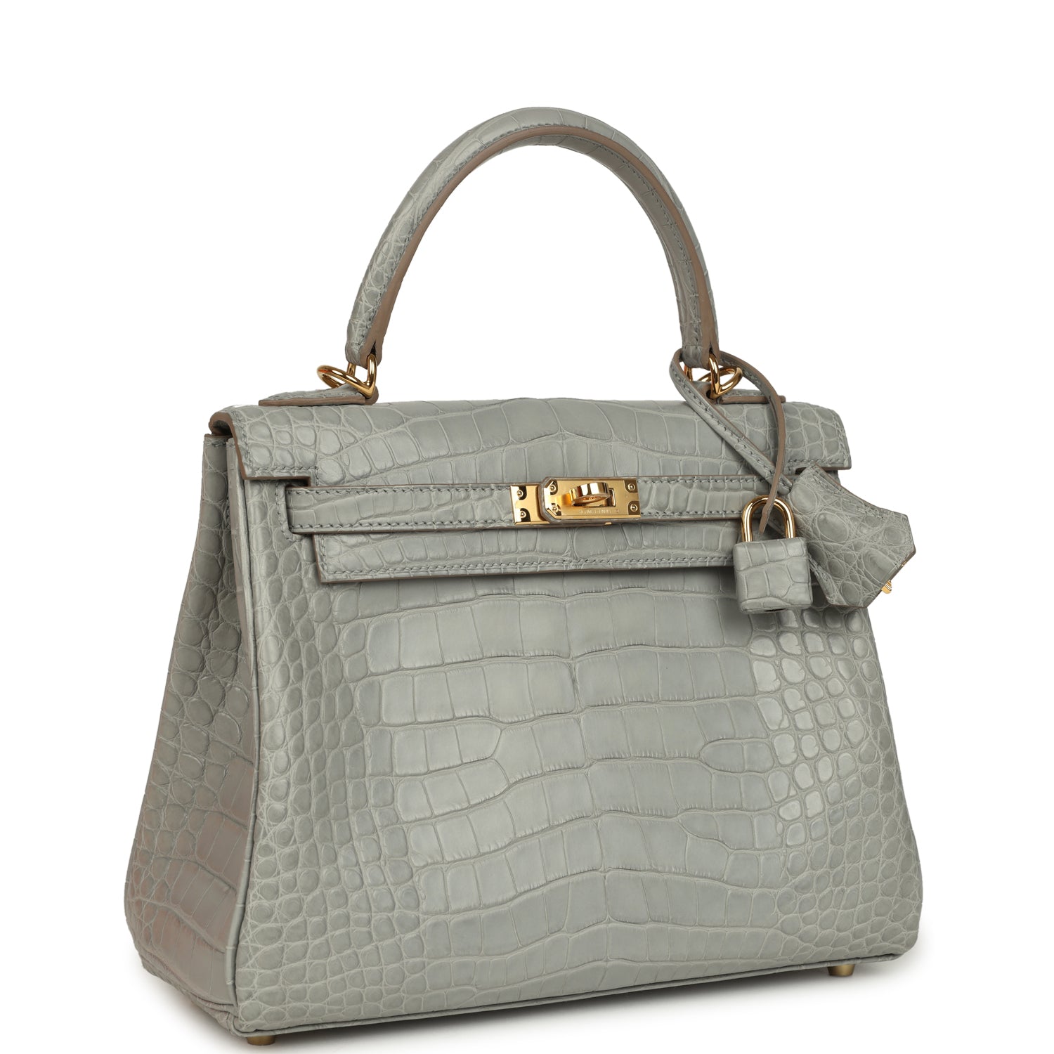 Kelly Retourne 25 Gris Perle Matte Alligator Gold Hardware Bag