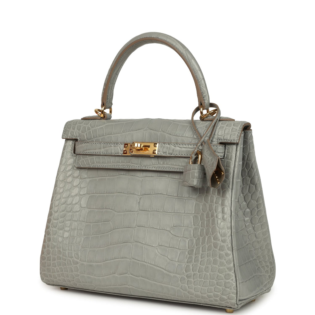 Kelly Retourne 25 Gris Perle Matte Alligator Gold Hardware Bag