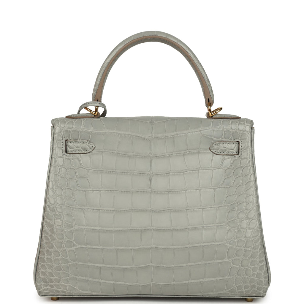 Kelly Retourne 25 Gris Perle Matte Alligator Gold Hardware Bag
