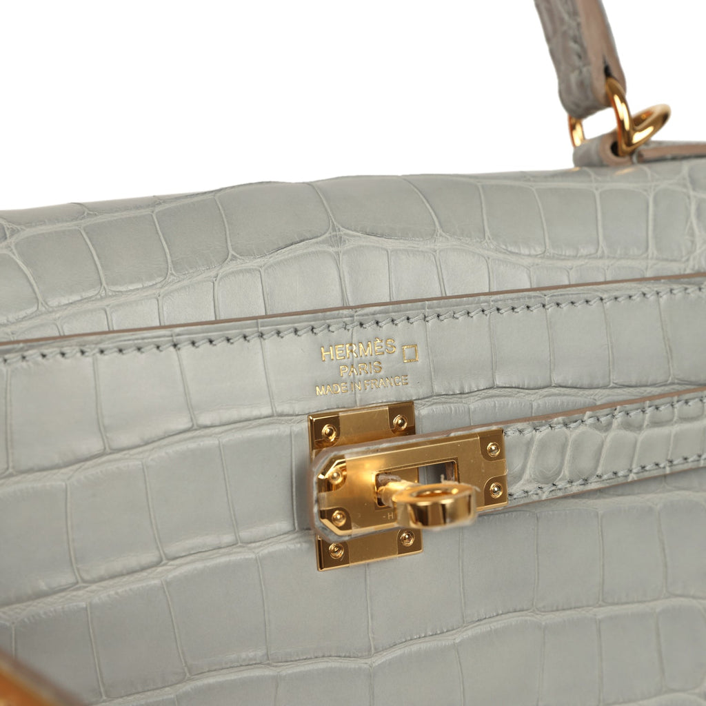 Kelly Retourne 25 Gris Perle Matte Alligator Gold Hardware Bag