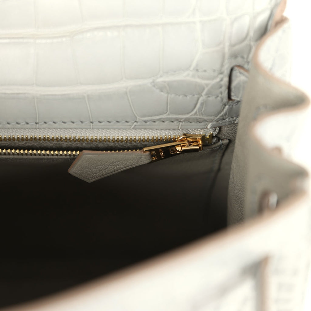 Kelly Retourne 25 Gris Perle Matte Alligator Gold Hardware Bag