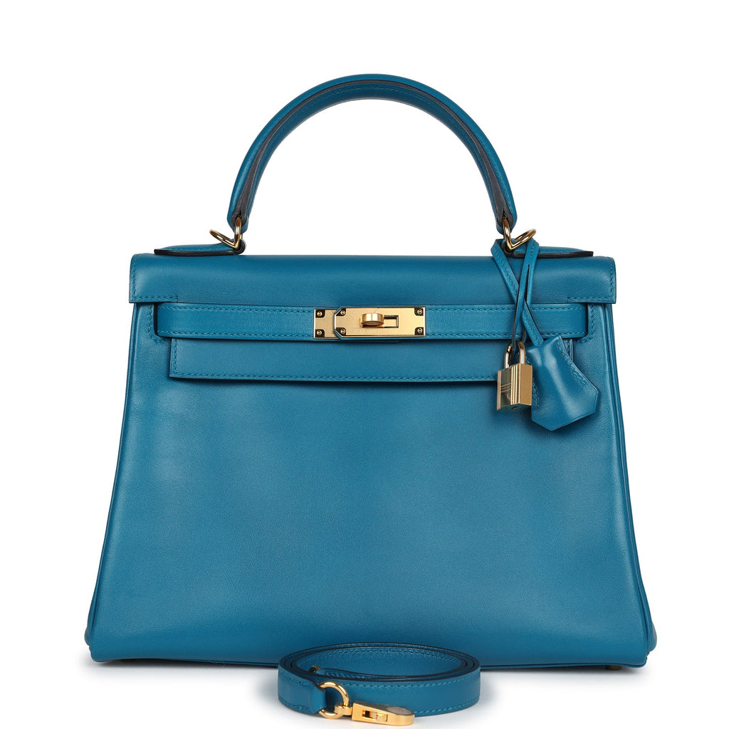 Kelly Retourne 28 Bleu Izmir Tadelakt Gold Hardware Bag