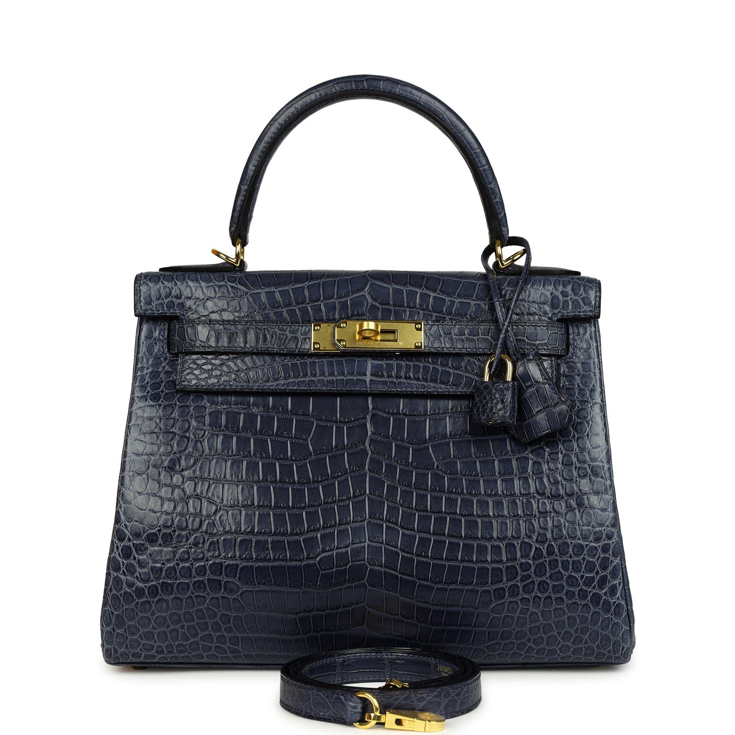 Kelly Retourne 28 Bleu Nuit Satin Matte Porosus Crocodile Gold Hardware Bag