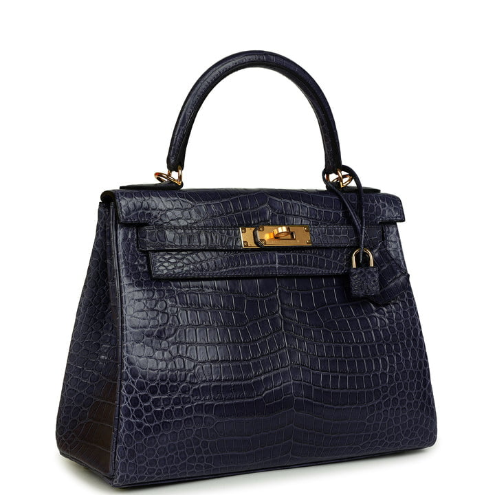 Kelly Retourne 28 Bleu Nuit Satin Matte Porosus Crocodile Gold Hardware Bag