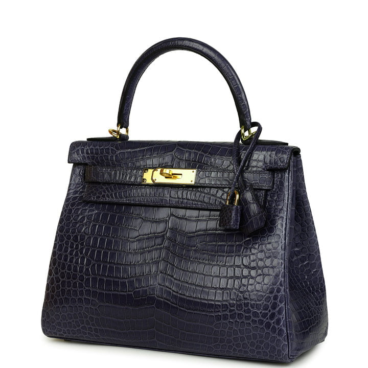 Kelly Retourne 28 Bleu Nuit Satin Matte Porosus Crocodile Gold Hardware Bag