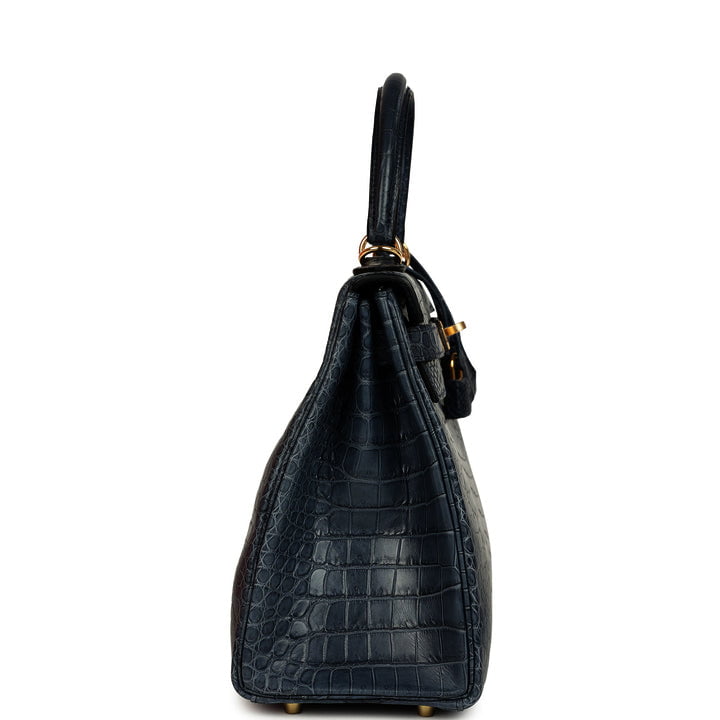 Kelly Retourne 28 Bleu Nuit Satin Matte Porosus Crocodile Gold Hardware Bag