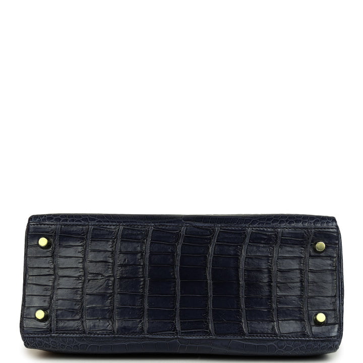 Kelly Retourne 28 Bleu Nuit Satin Matte Porosus Crocodile Gold Hardware Bag