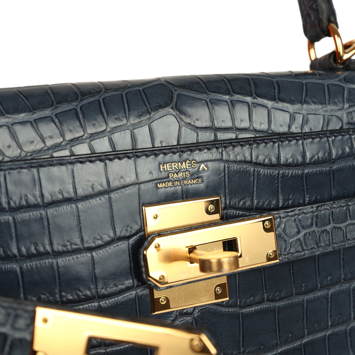 Kelly Retourne 28 Bleu Nuit Satin Matte Porosus Crocodile Gold Hardware Bag