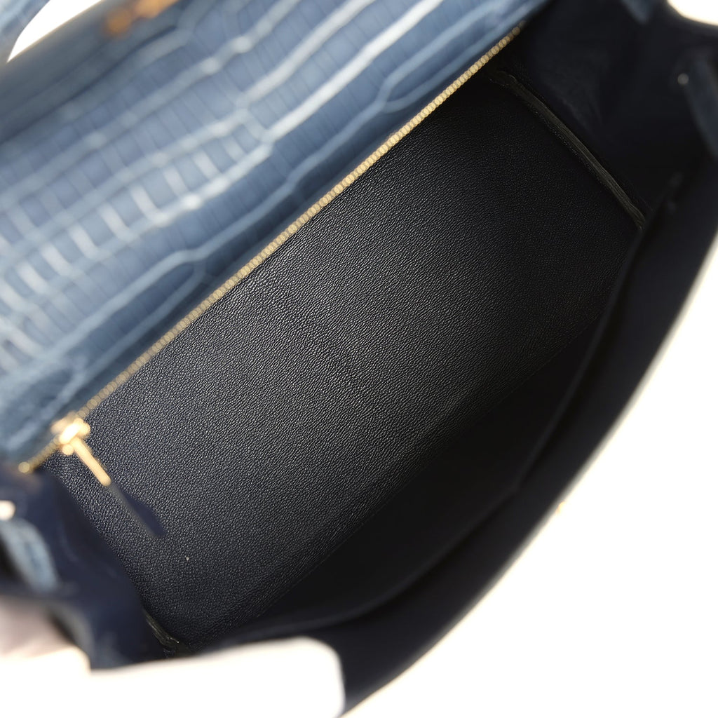 Kelly Retourne 28 Bleu Nuit Satin Matte Porosus Crocodile Gold Hardware Bag