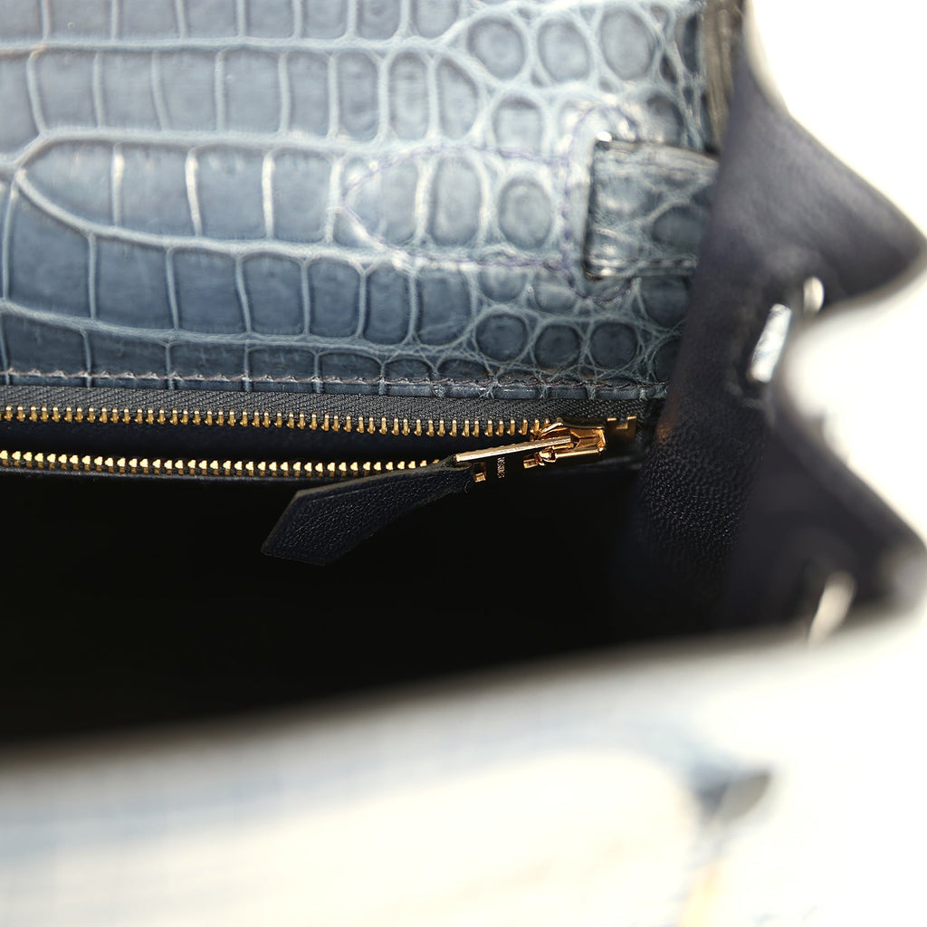 Kelly Retourne 28 Bleu Nuit Satin Matte Porosus Crocodile Gold Hardware Bag