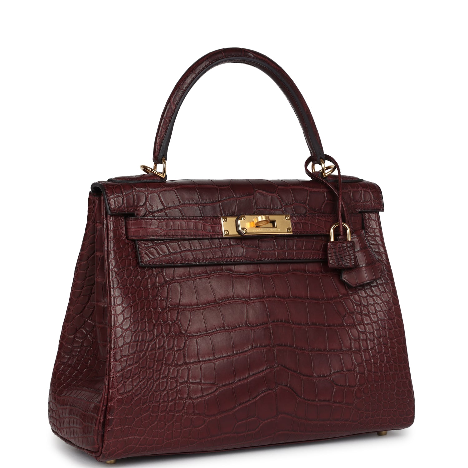 Kelly Retourne 28 Bordeaux Matte Alligator Gold Hardware Bag