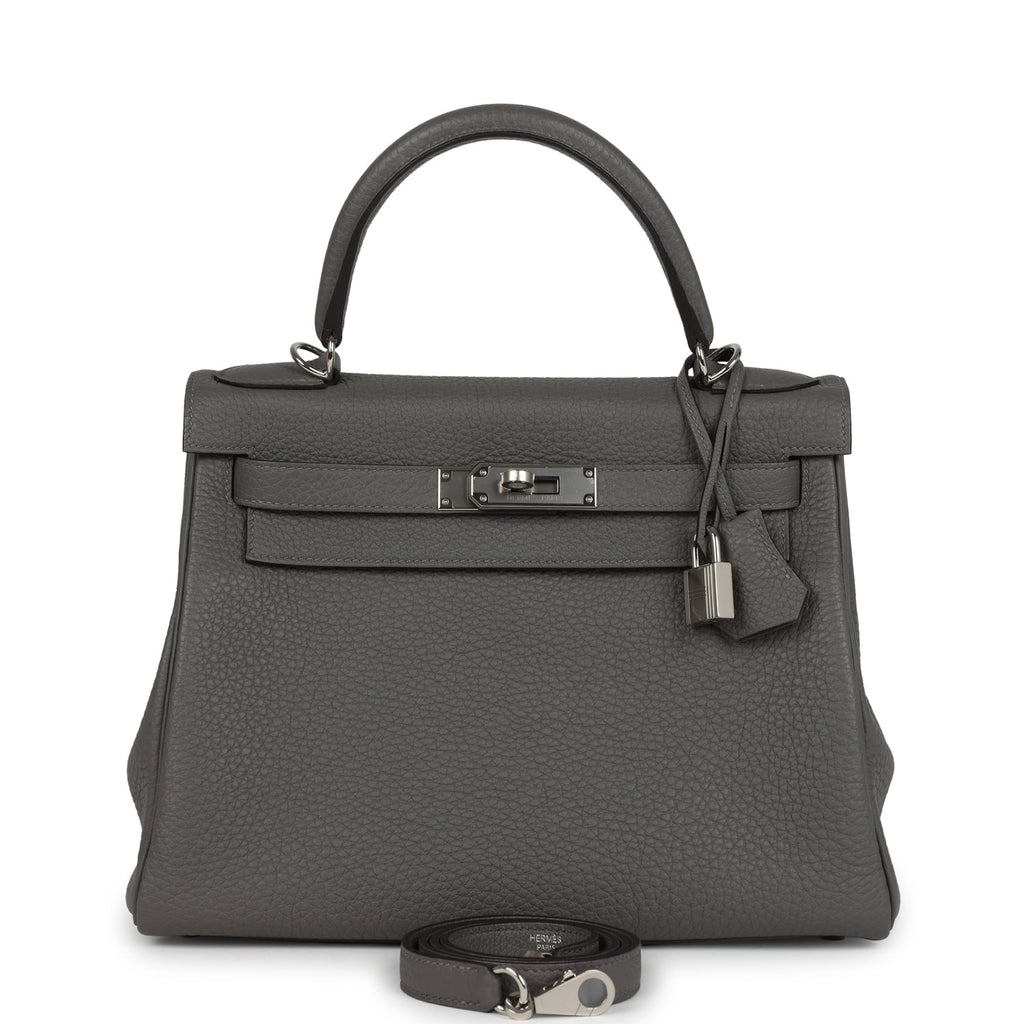 Kelly Retourne 28 Gris Meyer Clemence Palladium Hardware Bag