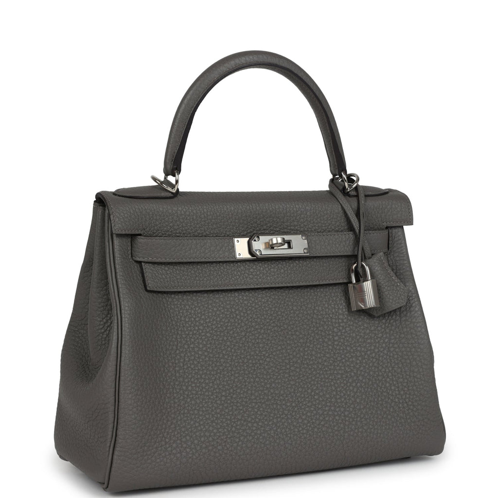 Kelly Retourne 28 Gris Meyer Clemence Palladium Hardware Bag