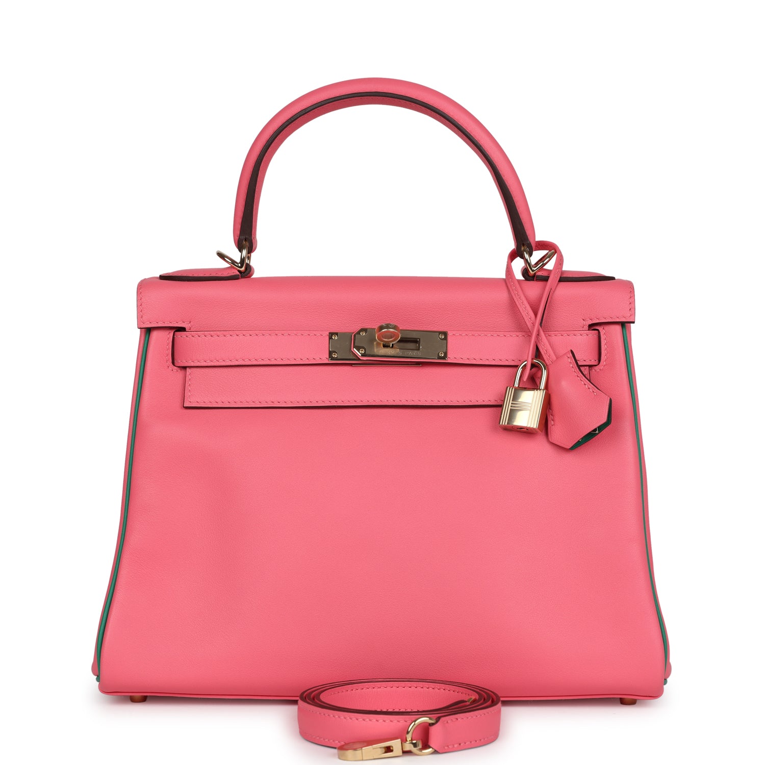 Kelly Retourne 28 Rose Azalee and Vert Vertigo Swift Gold Hardware Bag