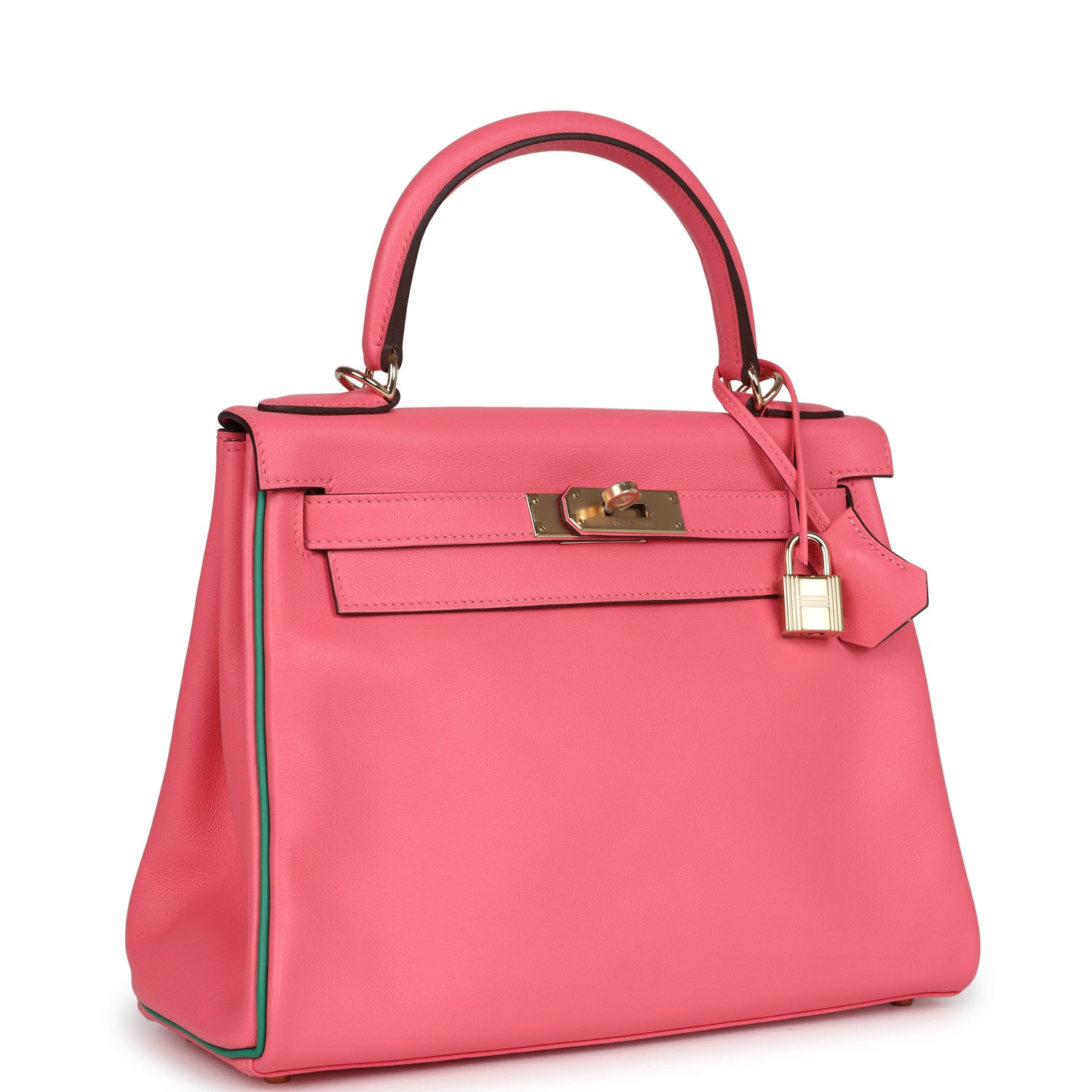 Kelly Retourne 28 Rose Azalee and Vert Vertigo Swift Gold Hardware Bag