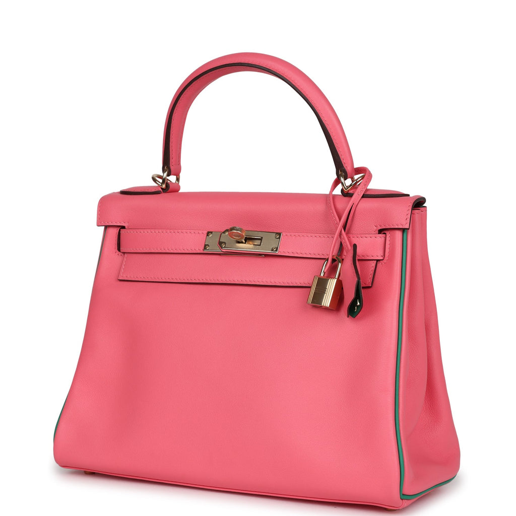Kelly Retourne 28 Rose Azalee and Vert Vertigo Swift Gold Hardware Bag