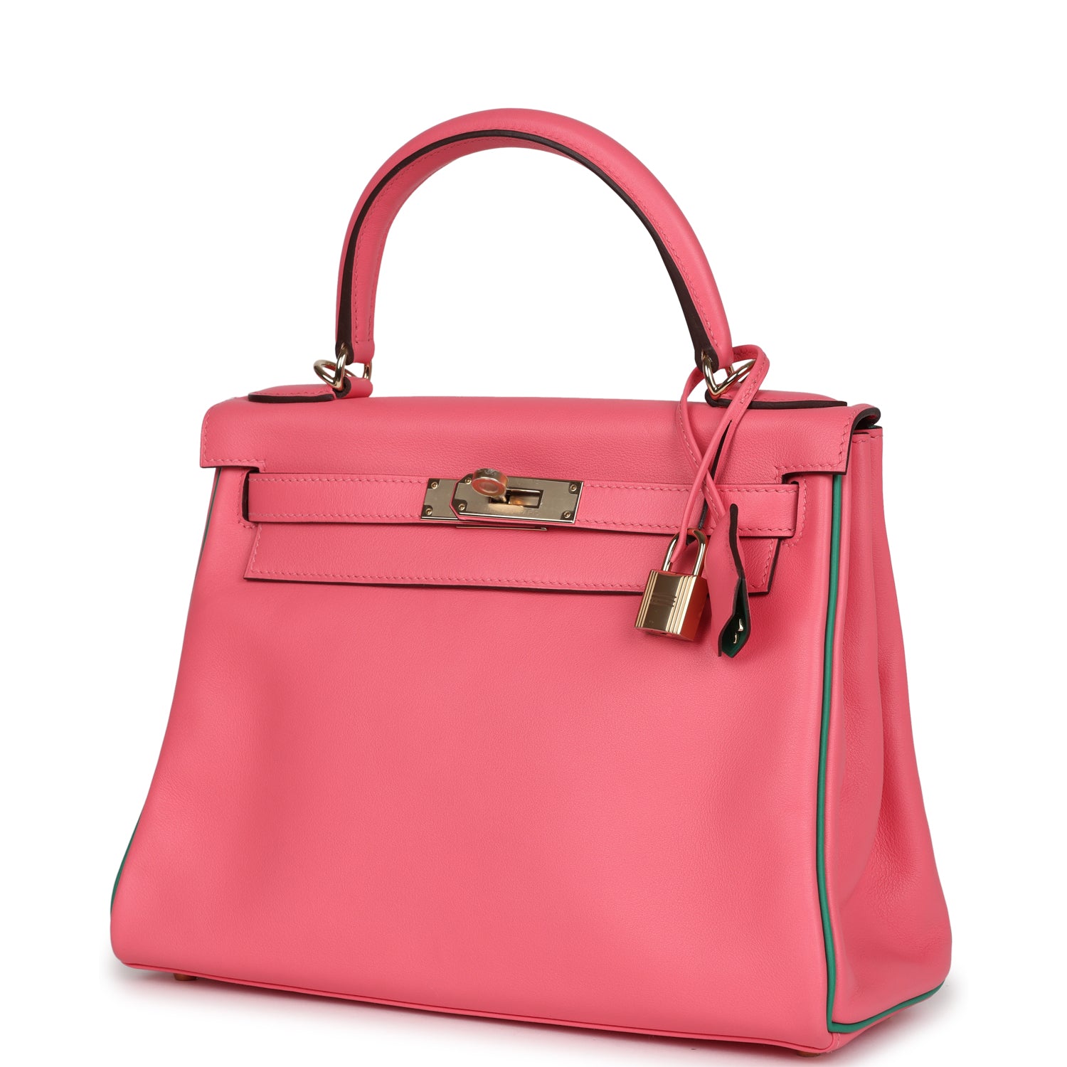 Kelly Retourne 28 Rose Azalee and Vert Vertigo Swift Gold Hardware Bag