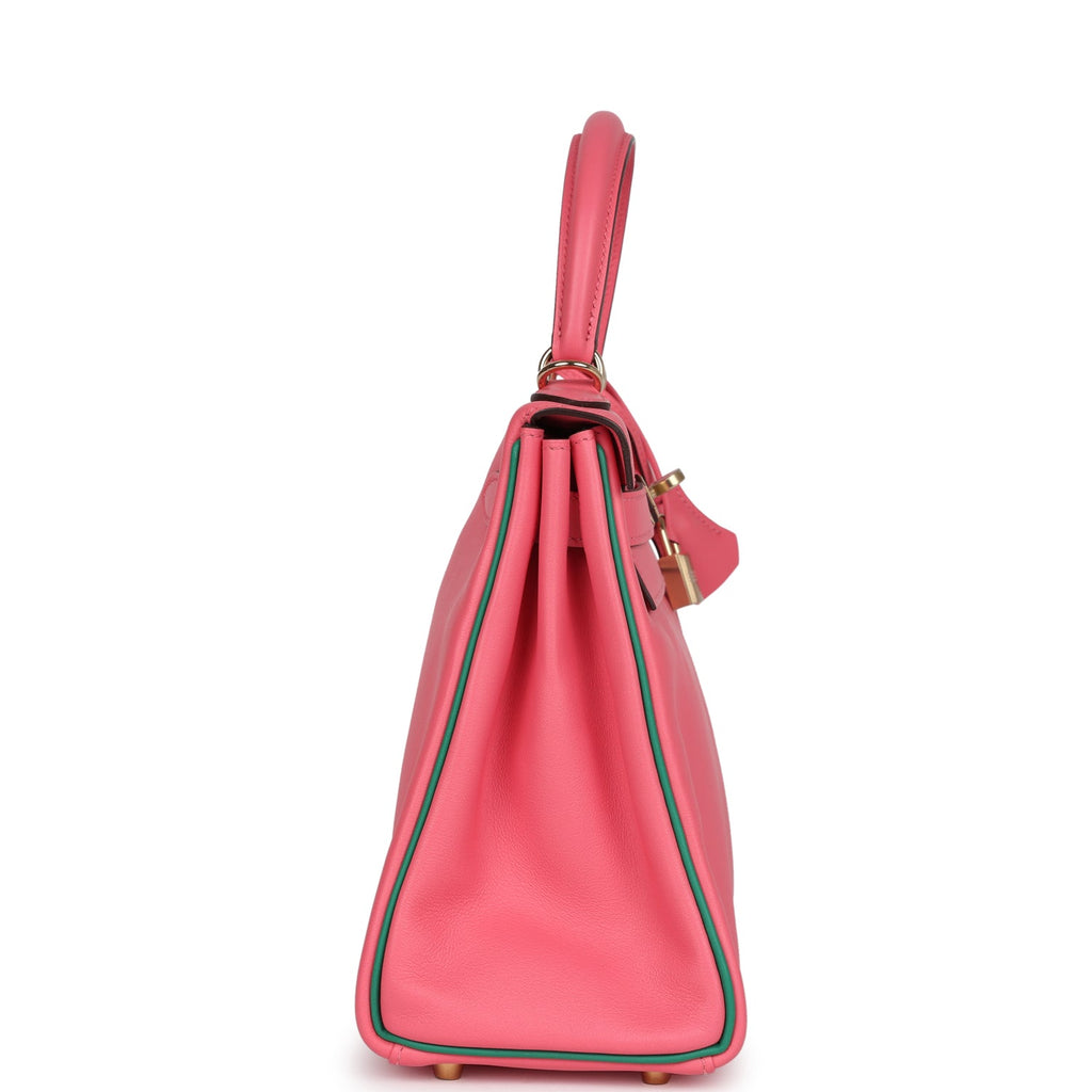 Kelly Retourne 28 Rose Azalee and Vert Vertigo Swift Gold Hardware Bag