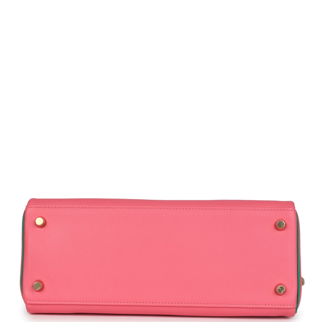 Kelly Retourne 28 Rose Azalee and Vert Vertigo Swift Gold Hardware Bag