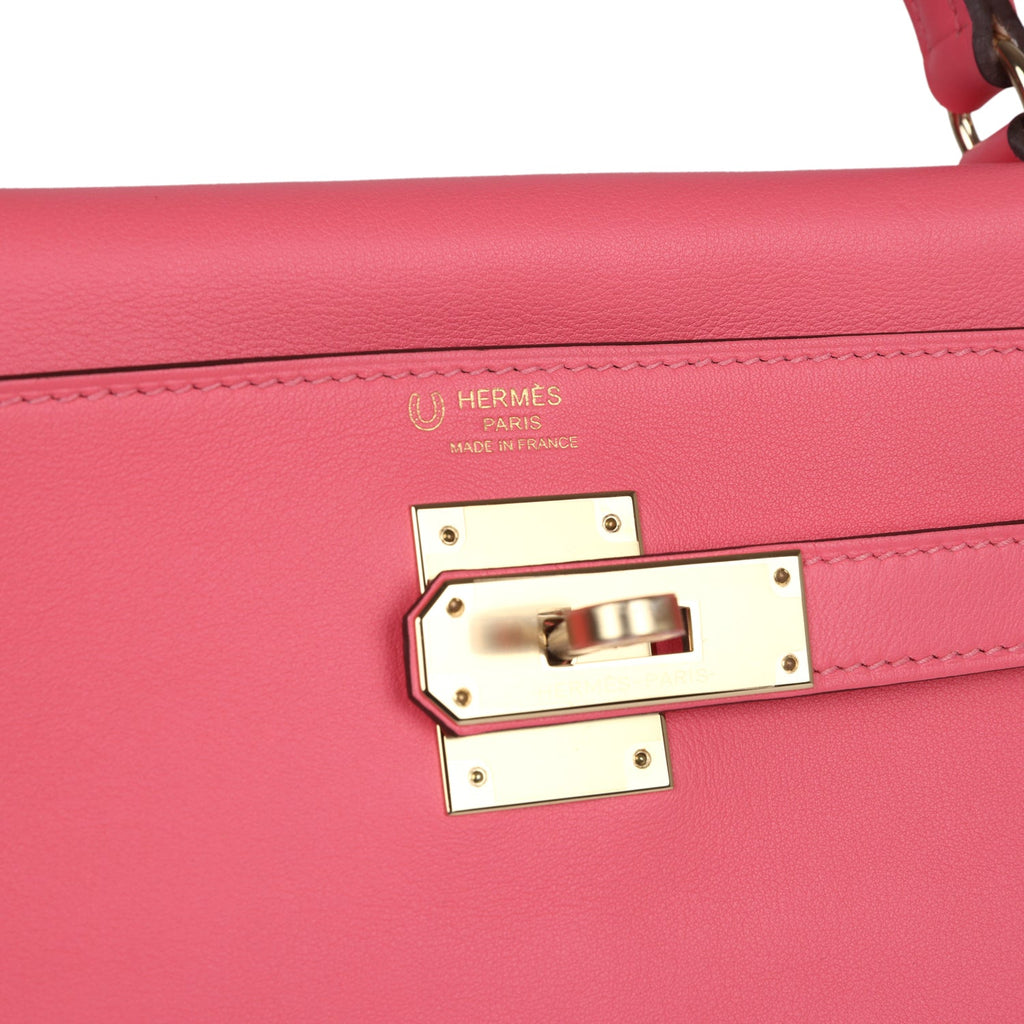 Kelly Retourne 28 Rose Azalee and Vert Vertigo Swift Gold Hardware Bag