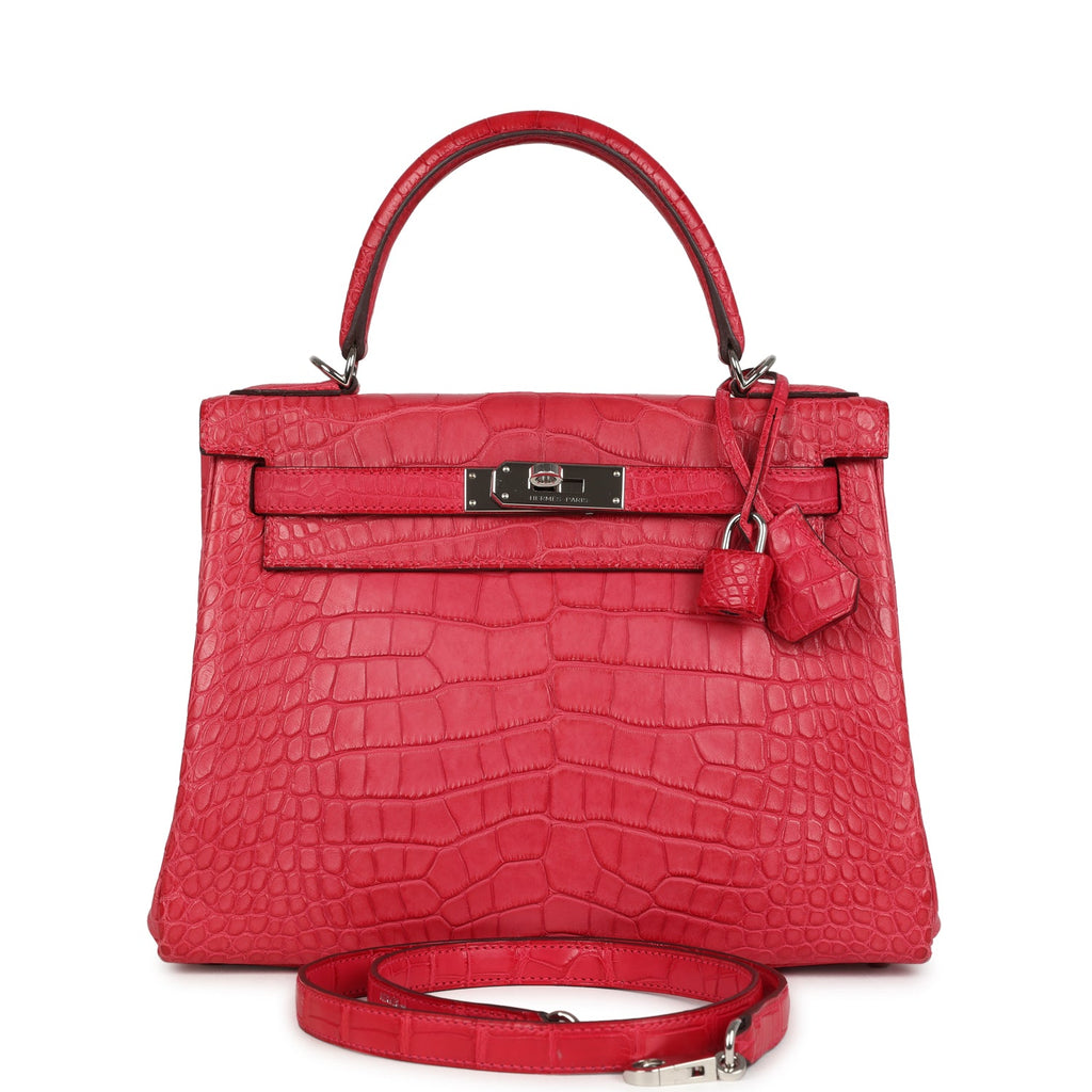 Kelly Retourne 28 Rose Extreme Matte Alligator Palladium Hardware Bag